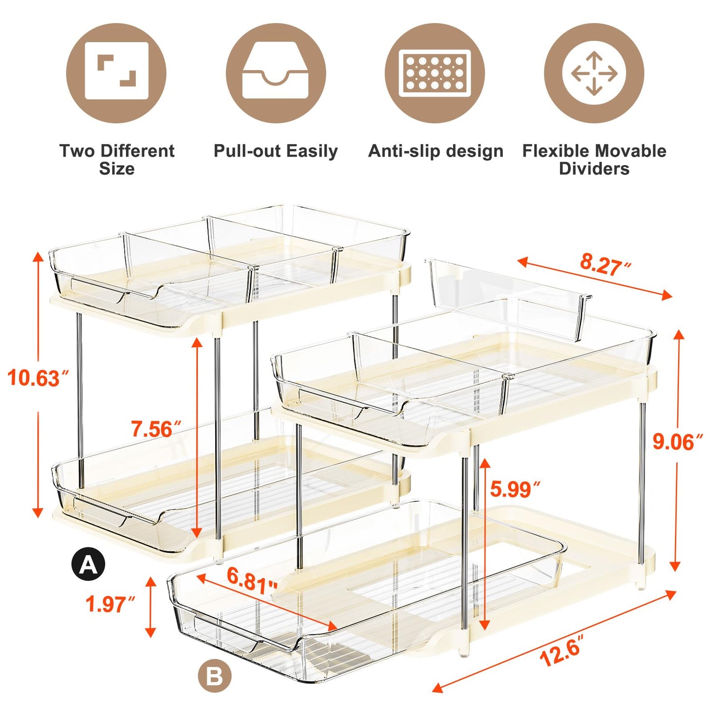 Delamu 2-Tier Multi-Purpose Bathroom Under Sink Organizers and Storage, Stackable Kitchen Pantry Organization, Pull Out Medicine Cabinet Organizer with Movable Dividers, White, 2 Pack