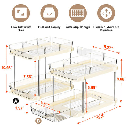 Delamu 2-Tier Multi-Purpose Bathroom Under Sink Organizers and Storage, Stackable Kitchen Pantry Organization, Pull Out Medicine Cabinet Organizer with Movable Dividers, White, 2 Pack