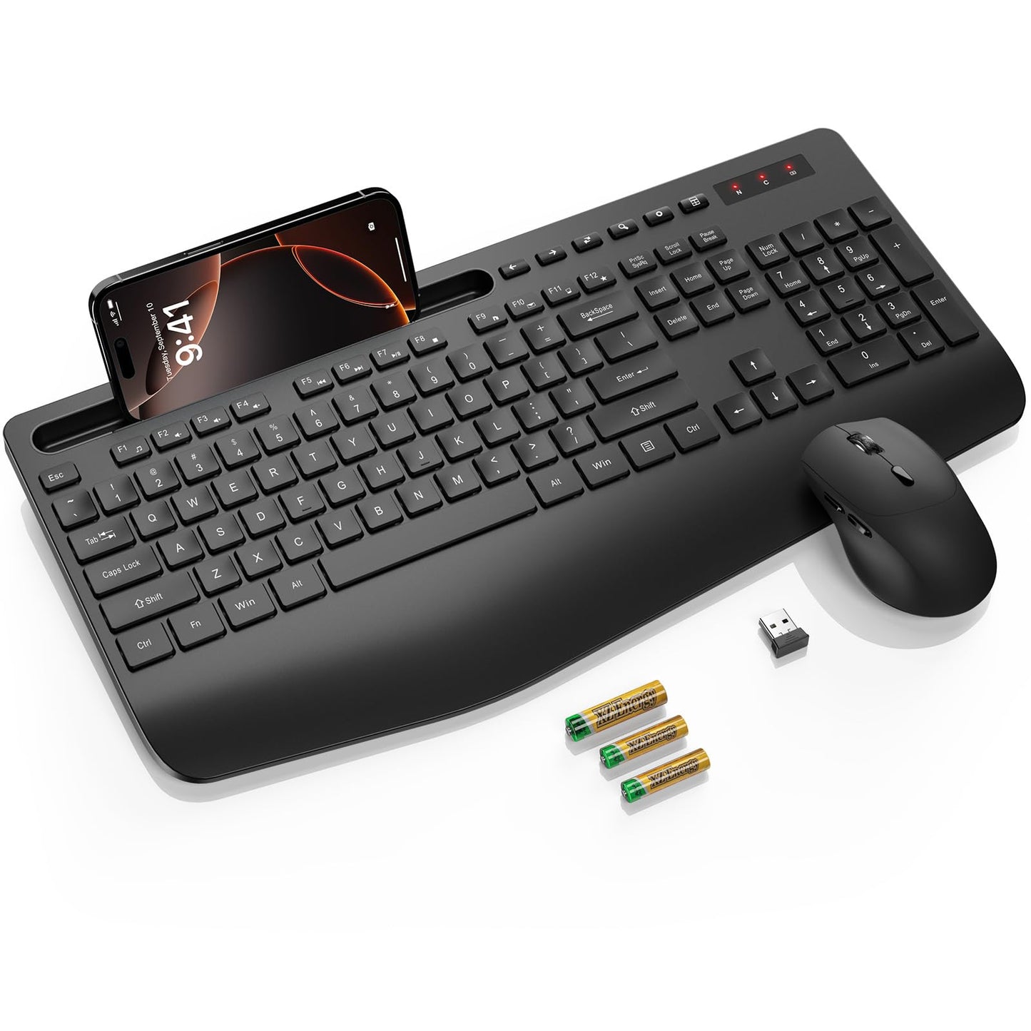 Wireless Keyboard and Mouse Combo, 2.4G Lag-Free Keyboard Set with Ergonomic Wrist Rest, Phone Holder, Silent Keyboard Cordless Set for Computer, Batteries Included, Laptop, PC, Mac, Windows -SABLUTE