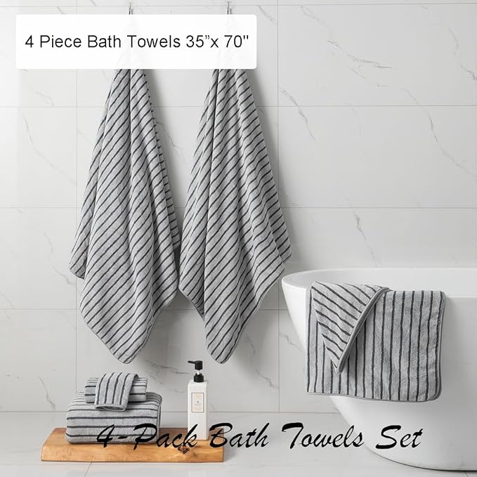 Oliven 4 Piece Grey Cabana Stripe Large Bath Towels Oversized Bath Sheet Super