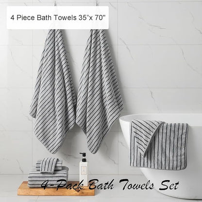 Oliven 4 Piece Grey Cabana Stripe Large Bath Towels Oversized Bath Sheet Super