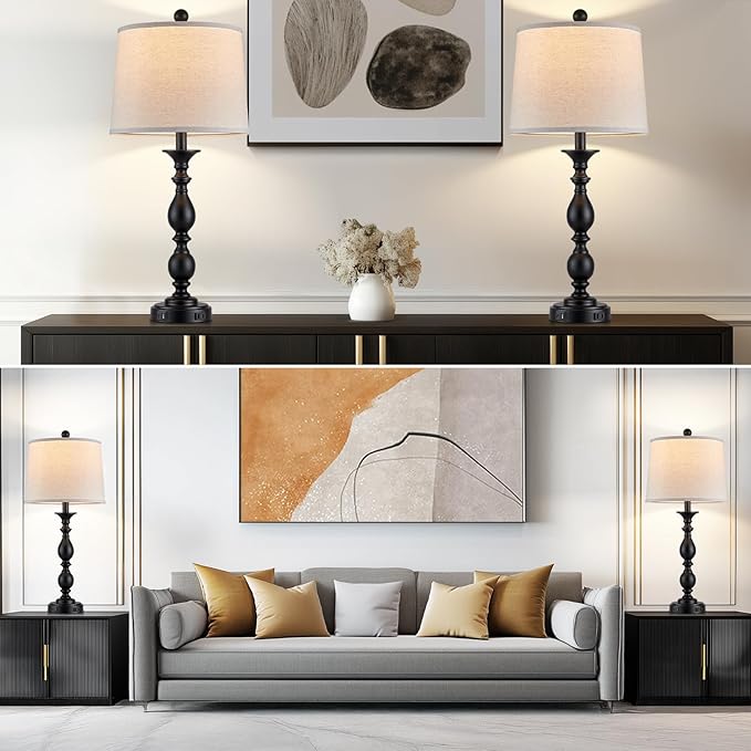 28" Tall Modern Table Lamps Set of 2 with USB C+A Ports and AC Outlet, 3 Way Touch Metal Bedside Lamps for Living Room, Black Farmhouse Nightstand Lamps for Bedroom