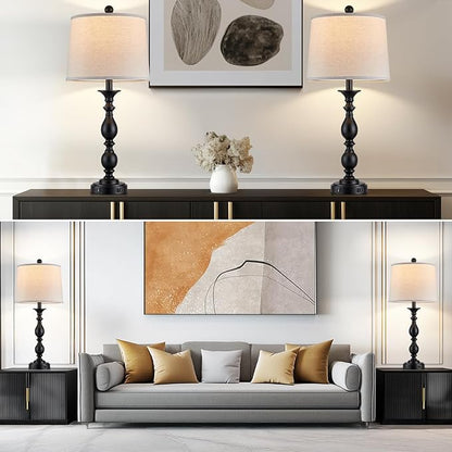 28" Tall Modern Table Lamps Set of 2 with USB C+A Ports and AC Outlet, 3 Way Touch Metal Bedside Lamps for Living Room, Black Farmhouse Nightstand Lamps for Bedroom