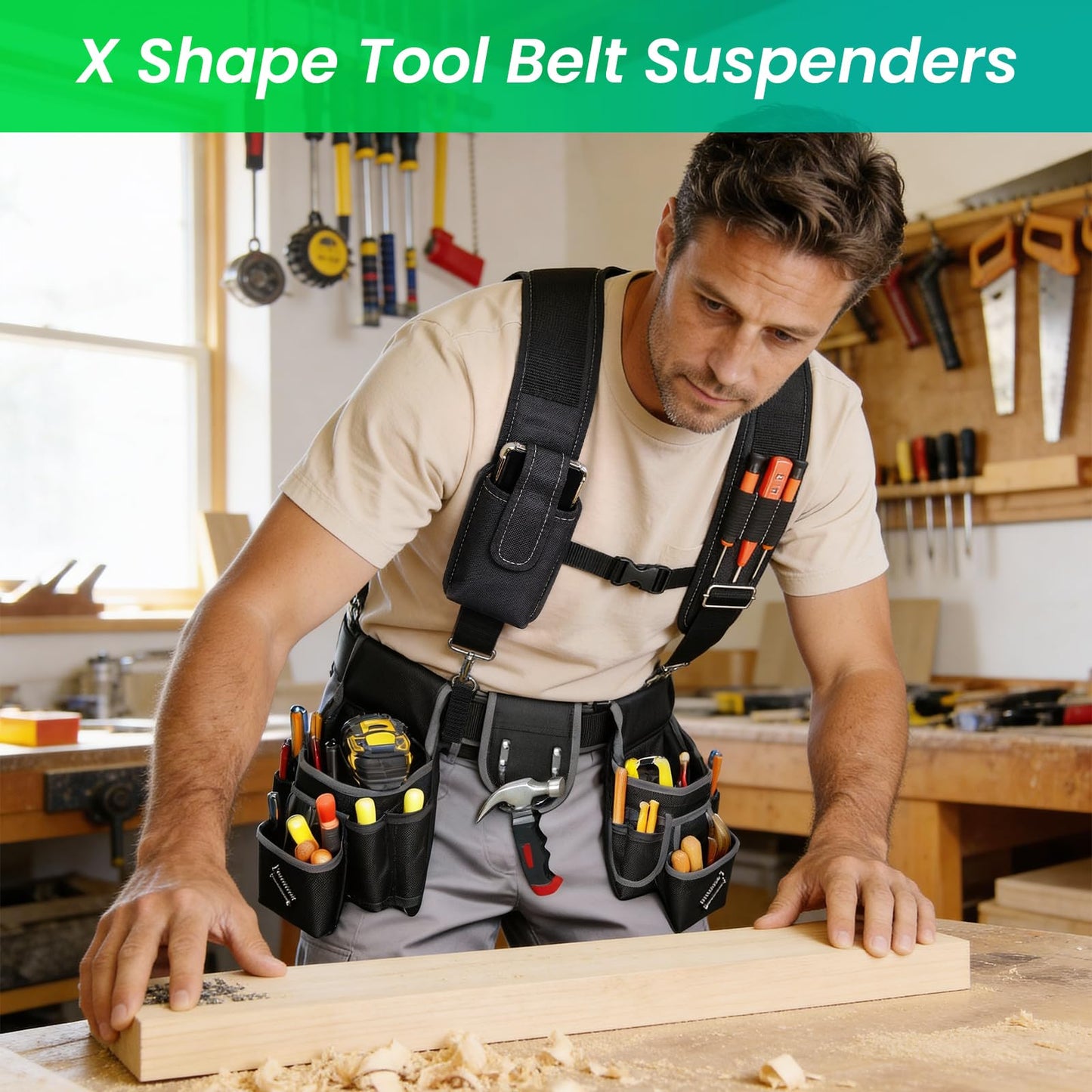 FamilyKit Tool Belt Suspenders for Men - Comfy Padded Work Belt Suspenders, Fully-Adjustable Tool Bag Suspenders with Loops for Construction, Carpenter, Electrician, Roofing, Framer (Black)