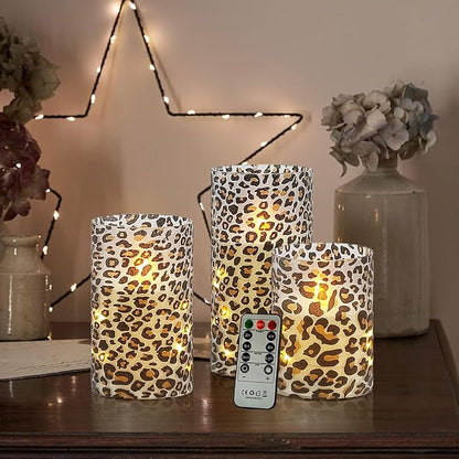 Flickering Flameless Candles Leopard Print Embedded Star String Lights, Battery Operated Acrylic LED Pillar Candles with 11-Key Remote and Timer for Home Decoration, 3 Pack