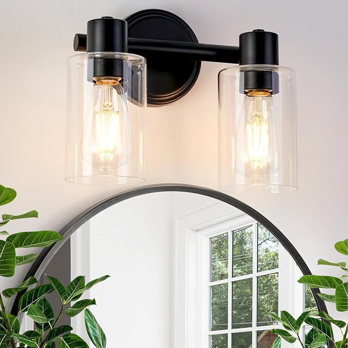 2 Light Bathroom Wall Light Fixtures Black Bathroom Wall Sconce with Clear Glass Lights Over Mirror Vanity Lights E26 Base