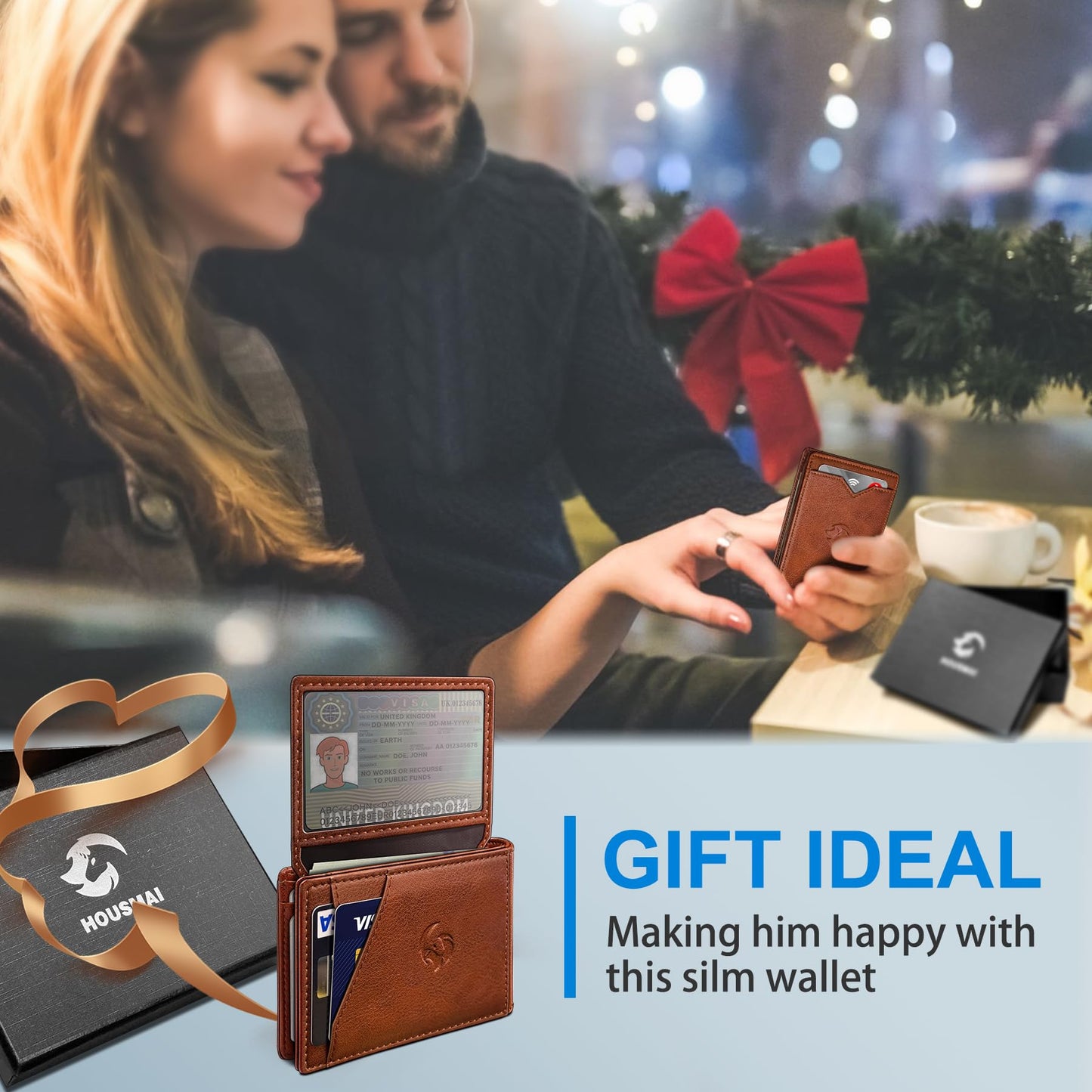 Housmai Mens Wallet: 2 ID Windows & 13 Card Slots Slim Leather Bifold, RFID Blocking Front Pocket Wallet for Men, Gift Box