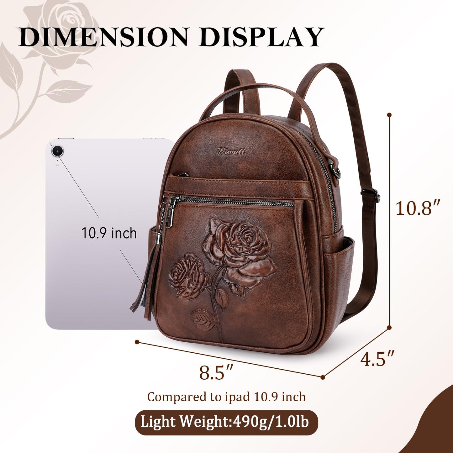 VIMUTI Mini Backpack Purse for Women,Embossed Leather Small Backpack Fashion Travel Backpacks Daypacks Shoulder Handbag (COFFEE-Flower)