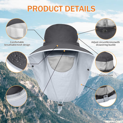 ZEXIAN Men&Women Wide Brim Fishing Ponytail Sun Hat with Removable Face and Neck Flap UPF 50+ UV Protection Safari Cap (US, Alpha, One Size, Dark Grey)