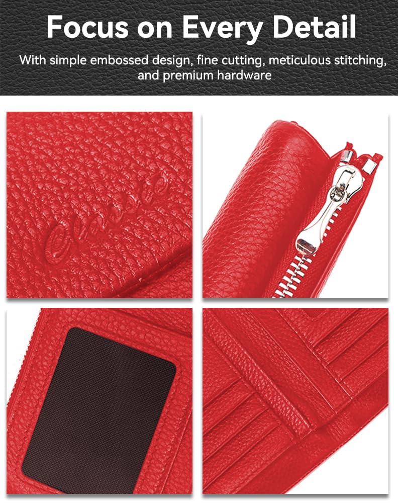 DAMAIKE Wallet for Women [Genuine Leather] [Magnetic Closure], Large Capacity Female Ladies Bifold Wallet Card Holder, ID Window, Zipper Coin Pockets (Red)