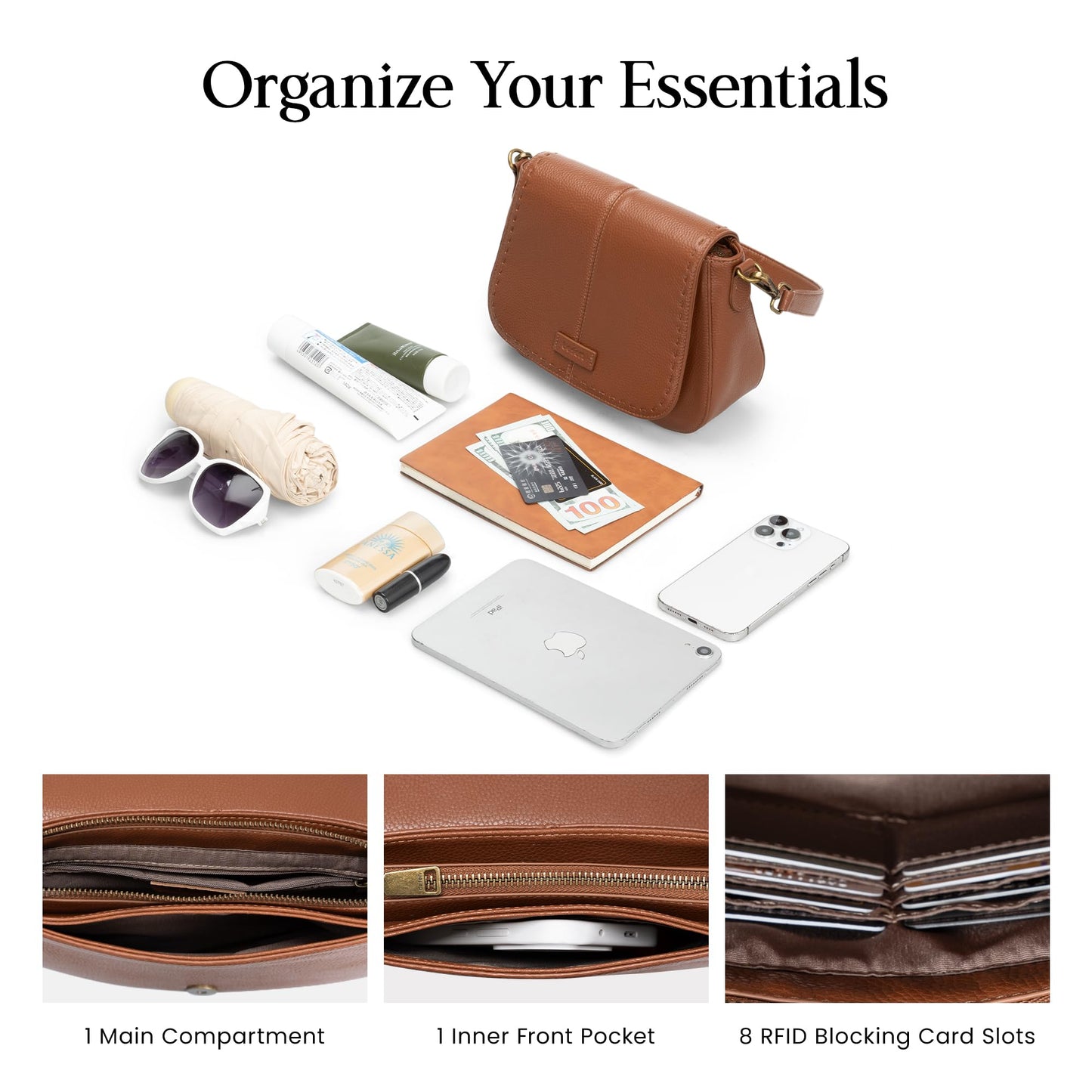 befen Genuine Leather Crossbody Purse for Women Brown Purse RFID Crossbody Bag for Travel Soft Real Leather Saddle Bags with RFID Blocking Trendy Medium Purses Women's Shoulder Handbags for Everyday