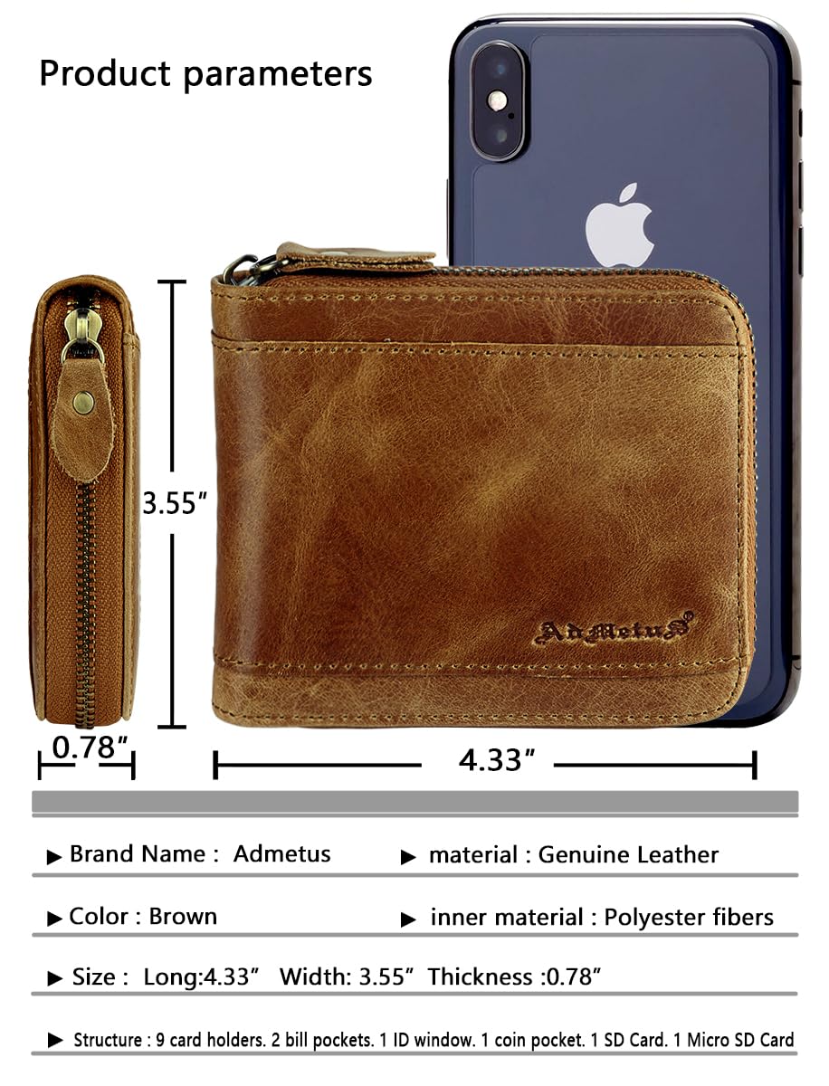 Mens RFID Blocking Wallets Zipper Leather Wallet for Men Bifold RFID Card Holder Tan