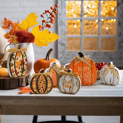 Leinuosen 6 Pcs Fall Pumpkin Decor Wooden Block Sign Fall Tiered Tray Decor for Home Autumn Table Centerpieces Decorations for Thanksgiving Harvest Table Mantel(6 Pcs,Pumpkin)