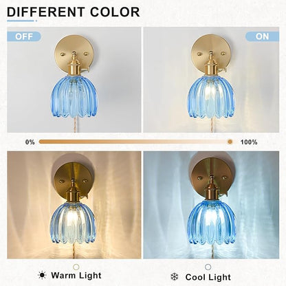 Plug in Wall Sconce, Vintage Sconce Light with Tulip Sky Blue Glass Lampshade, 180° Adjustable Wall Sconce with Switch and Plug in Wall Lamp Cord, Gold Wall Light for Bedroom Bedside