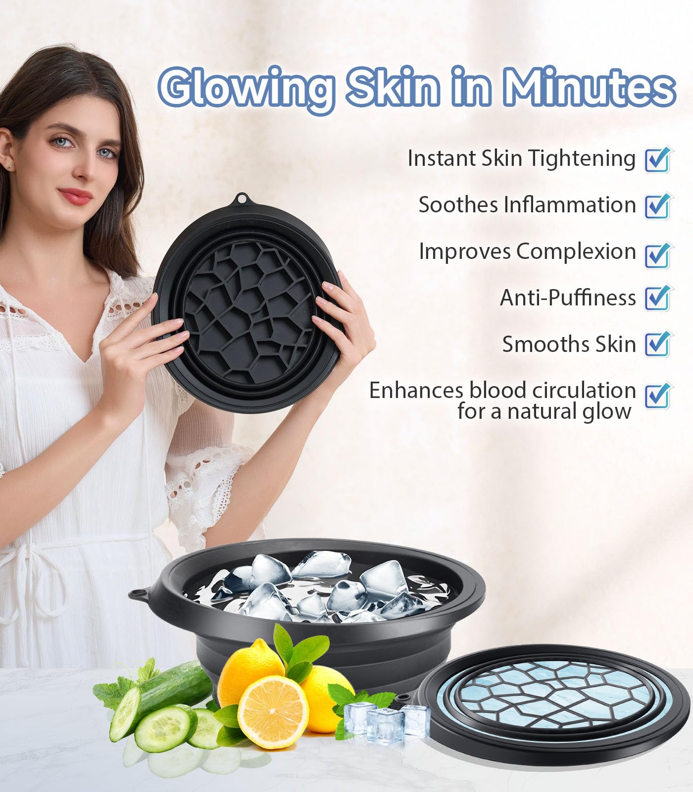 Face Bowl for Ice with Built-in Ice Tray – Collapsible Silicone Facial Ice Bath Bowl for Cold Plunge Therapy, Skin Tightening & Acne Relief – Portable Spa Tool for Home & Travel(Black)