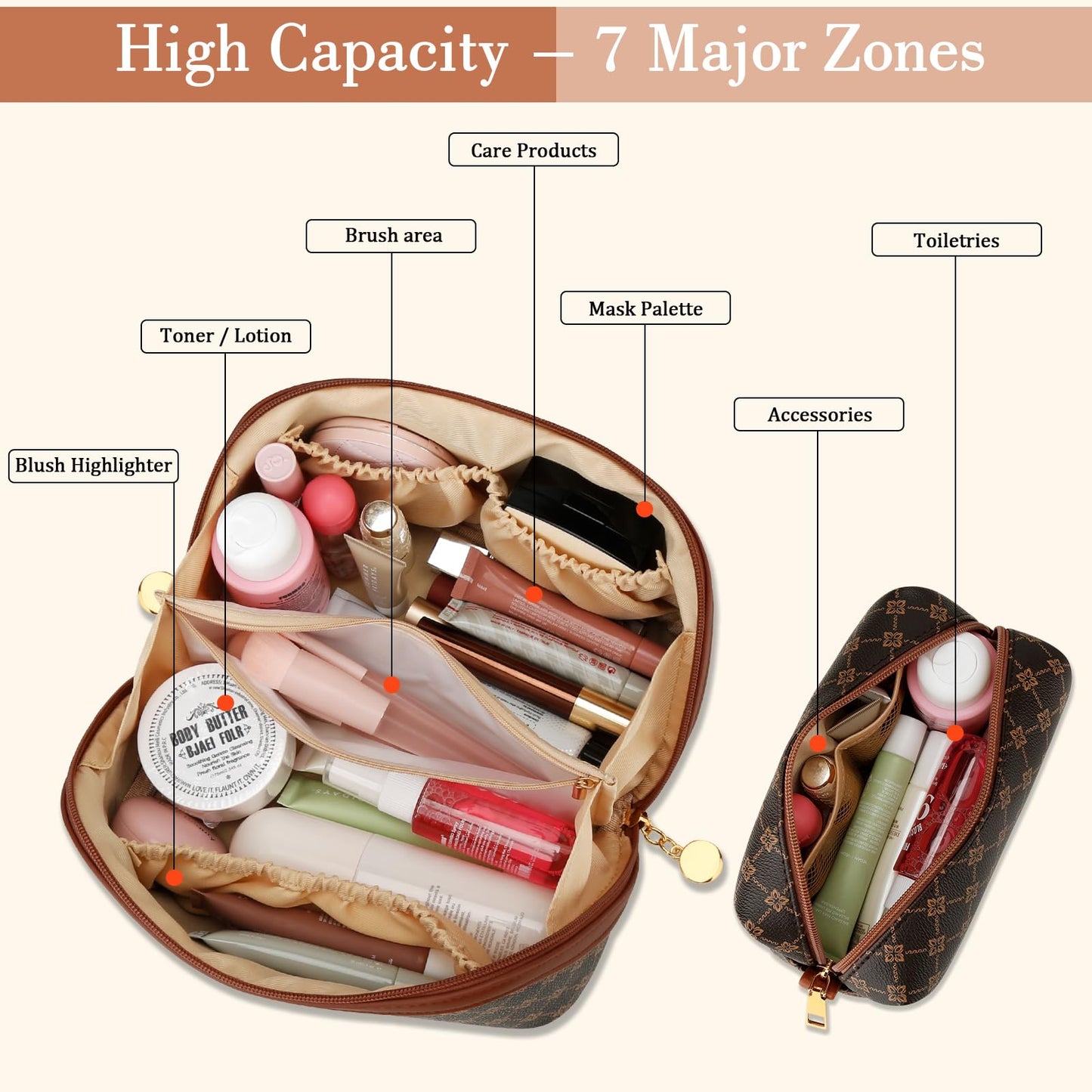 CLOUDWINGS Birthday Gifts for Women Teen Girl, Personalized Initial Makeup Organizer Bag Set, Open Flat Travel Cosmetic Bag With Clear Divider and Handle(Coffee,A)