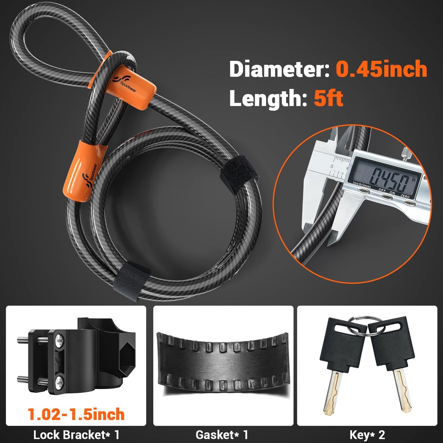 Sportneer Bike U Lock - Heavy Duty Anti Theft Bike Lock with 5ft Security Steel Cable - 17mm Shackle Bicycle U-Locks with Keys & Sturdy Mounting Bracket for Road, Mountain, Electric Bike - Orange