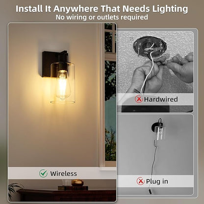 Battery Operated Wall Sconce with Remote Wall Light Rechargeable Wireless Cordless Led Glass Wall Lamp Indoor with 3 Color Temperature Dimmable E26 Edison Bulbs for Bedroom Bathroom Hallway Black