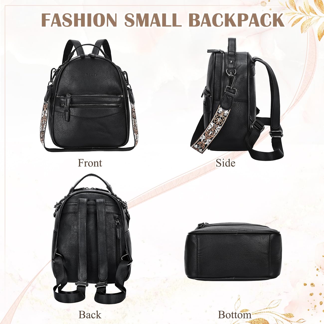 RAVUO Mini Backpack for Women, Small Leather Backpack Purse Fashion Handbag Convertible Ladies Trendy Shoulder Bag for Work,Travel,Black