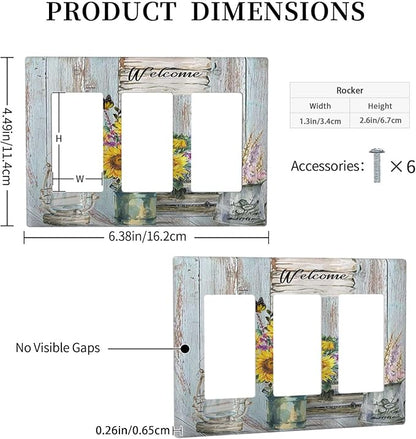 Sunflower Vintage Barn Wooden Triple Rocker Light Switch Covers Sun floral 3 Gang Outlet Wall Plate Cover Decorative Switchplate Faceplate GFCI Farmhouse Home Livingroom Decor