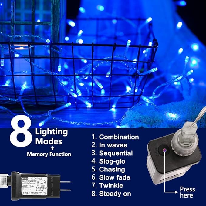 Blue String Lights Indoor - 220 LED 25m/82ft 8 Modes End-to-End Plug in Outdoor Waterproof Decorative Fairy Twinkle Christmas Tree Lights for Xmas/Halloween/Patio/Room/Home/New Year/Thanksgiving Day