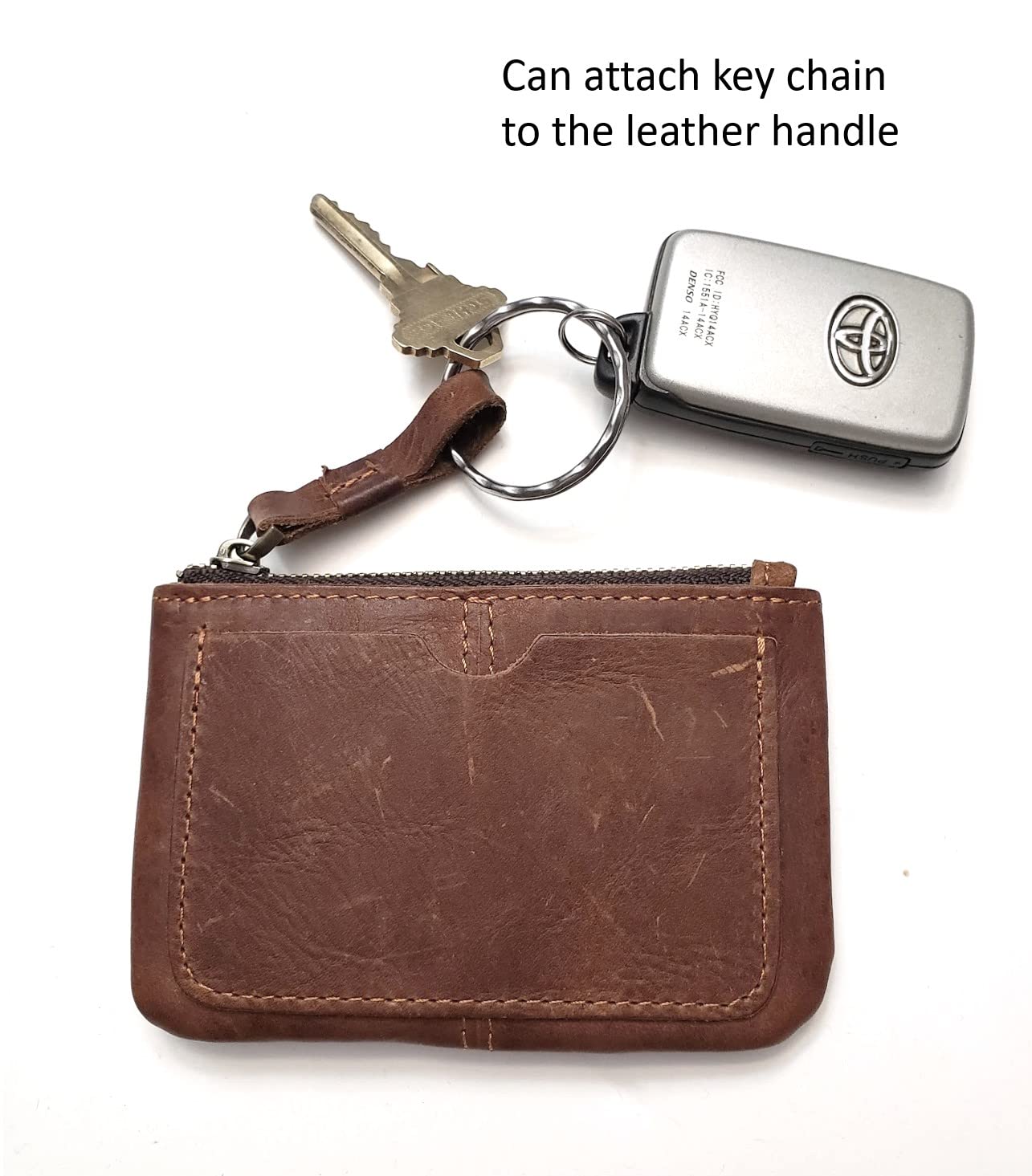 Genuine Leather Coin Purse Pouch for Women Men Vintage Cowhide Grain Leather Slim Mini Wallet Metal Zipper with Real Leather handle (Dark Brown)
