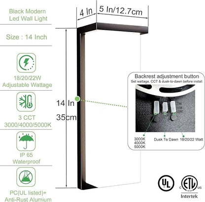 Modern Black Outdoor Wall Light Fixtures, 18/20/22W Porch Lights, IP65 Waterproof, 3-Color Temp Adjustable, Dawn to Dusk Exterior Sconces for House, Front Door, Rectangular Wall Mount
