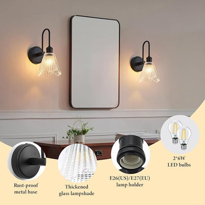 Wall Sconce Set of 2, Black Vintage Light Fixtures with Long Clear Glass Lampshade, Hardwired Sconces Wall Lighting for Bedroom, Bathroom, Living Room | Includes 2 LED Bulbs