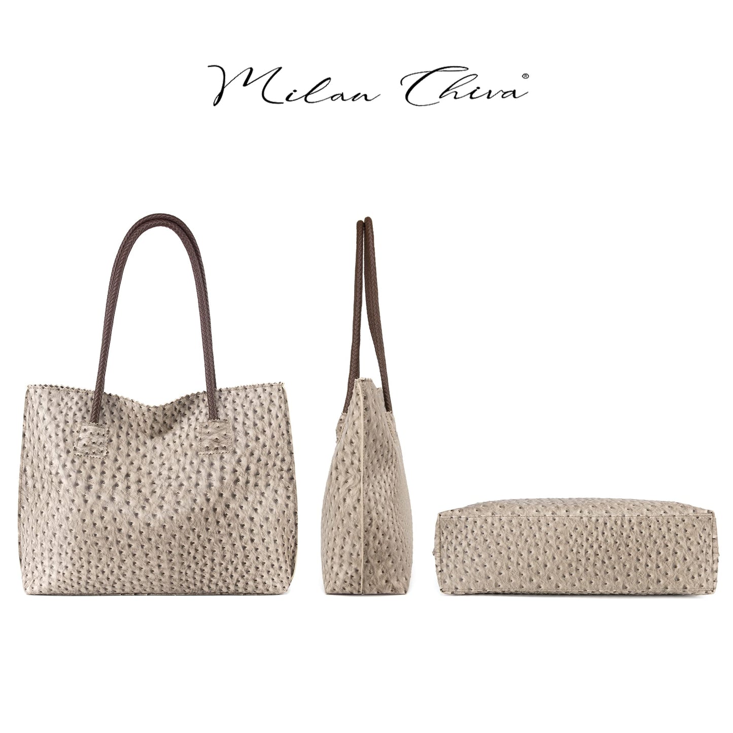Milan Chiva Leather Tote Bag for Women with Zipper Large Ostrich Hobo Purse Shoulder Purses and Handbags Light Gray Gift MC-1038LGY