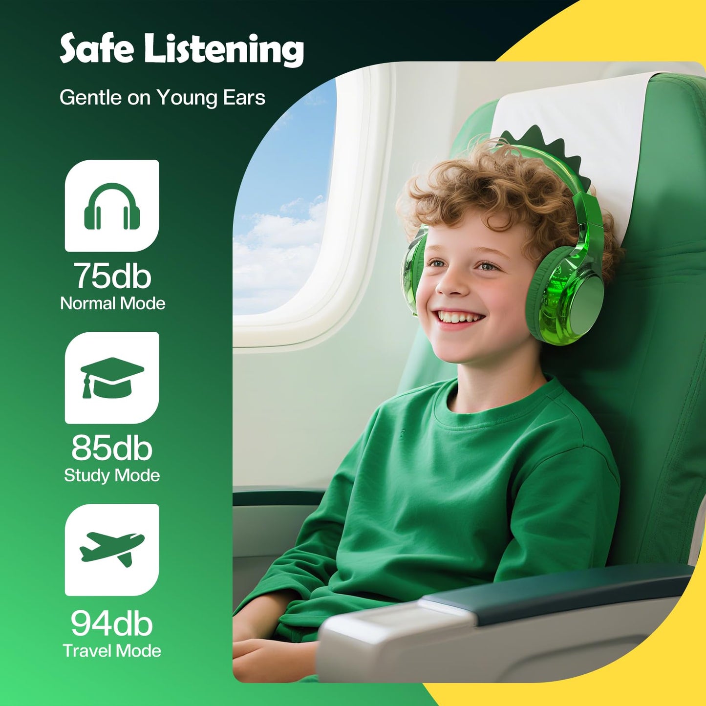 QearFun Kids Dinosaur Bluetooth Headphones, 60H Playtime, 74/85/94dB Safe Volume Limit, Metallic Gradient Wireless Headset with Mic, Fast Charging, Foldable, Wired Mode for Girls School/Tablet/Travel