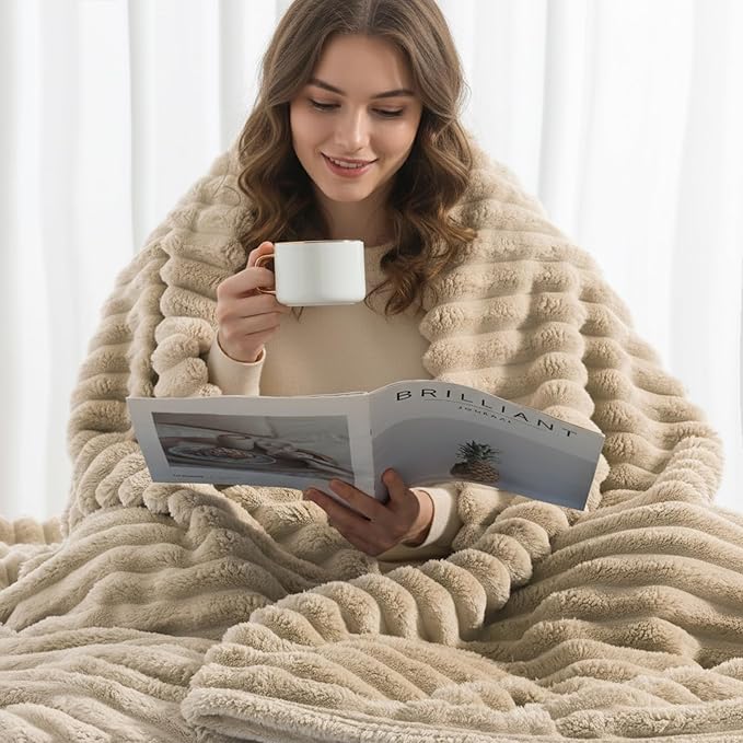 decorUhome Soft Fleece Light Brown Throw Blanket for Couch, Cozy Fluffy Plush Flannel Striped Blanket for Sofa Bed, Lightweight Decorative Ribbed Fuzzy Blanket for Woman, 50x60 Inches