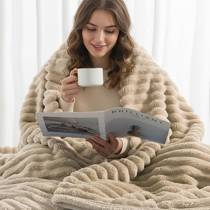 decorUhome Soft Fleece Light Brown Blanket Queen Size for Bed, Cozy Fluffy Plush Flannel Large Striped Throws for Couch Sofa, Lightweight Decorative Fuzzy Blanket for Woman, 90x90 Inches