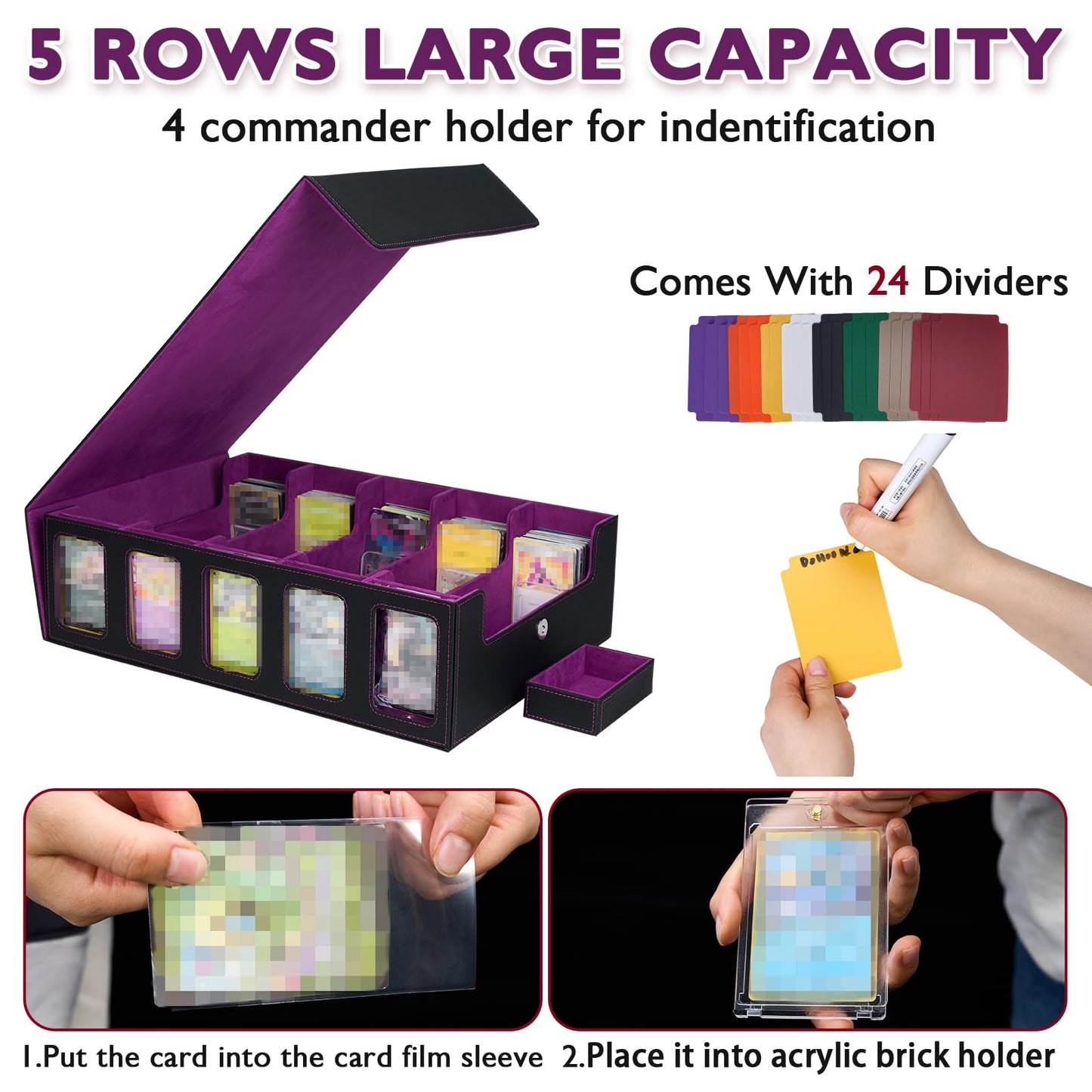 5-Row Trading Card Storage Box for Top Loaders, 3900+Card Deck Case with Portable Handle & Commander Display, 500 Sleeves, 5 Toploaders, 15 Stoppers, 24 Dividers, 1 Dice Tray, for MTG/TCG Magic Cards