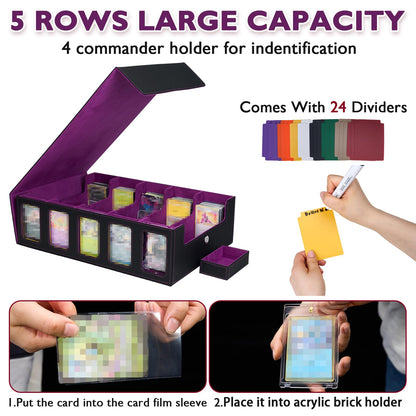 5-Row Trading Card Storage Box for Top Loaders, 3900+Card Deck Case with Portable Handle & Commander Display, 500 Sleeves, 5 Toploaders, 15 Stoppers, 24 Dividers, 1 Dice Tray, for MTG/TCG Magic Cards