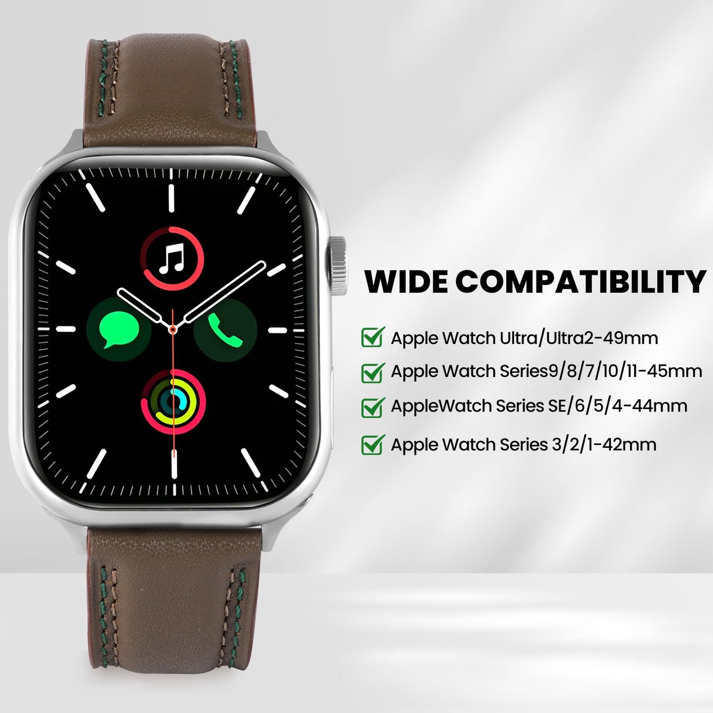 Soft Genuine Leather Band for Apple Watch 49mm 46mm 45mm 44mm 42mm - Women/Men Vintage Retro Replacement Wristband Strap with Metal Buckle for iWatch Ultra 3/2/SE/Series 11/10/9/8/7/6/5/4/3 - Grey