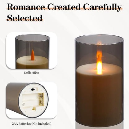 Upinmz Grey Acrylic Flameless Candles with Remote Control and Timers，Battery Operated Candles，LED Pillar Candles with Dancing Flame ，for Home Decorations ，Set of 3