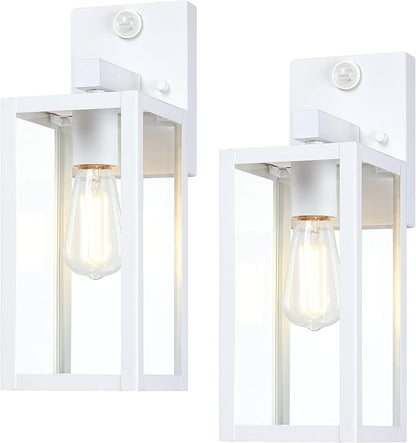 GRUENLICH Dusk to Dawn Large Outdoor Wall Lantern, PIR Motion Sensor Wall Sconce, E26 Base Max 60W, Metal Housing Plus Glass, White Finish, Bulb Not Included, 2-Pack