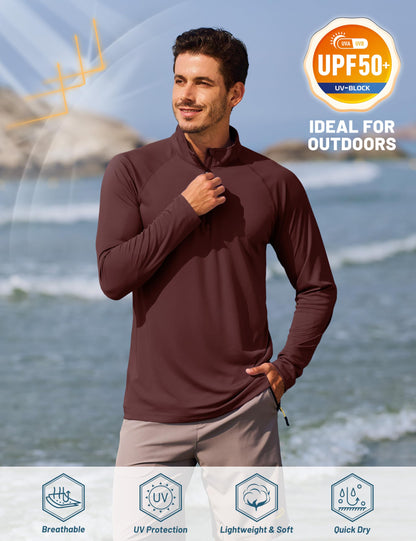 TACVASEN Mens Long Sleeve Quarter Zip Pullover Shirts Rash Guard Quick Dry Running for Men Sun Protection Swimming T-Shirts Wine Red