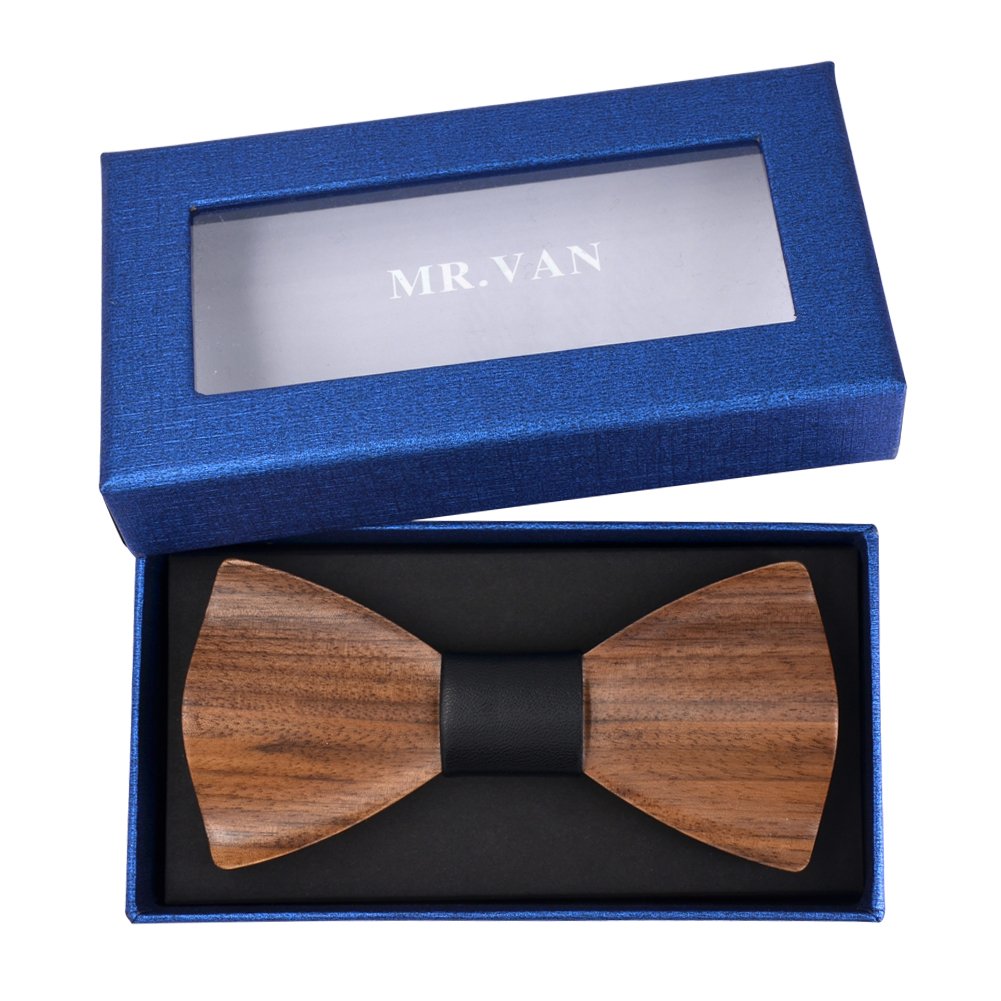 Mr.Van Handcrafted 3D Walnut Wood Bow Tie with Genuine Leather Center - Pre-tied Adjustable Collar - Natural Wood Finish (Rounded)