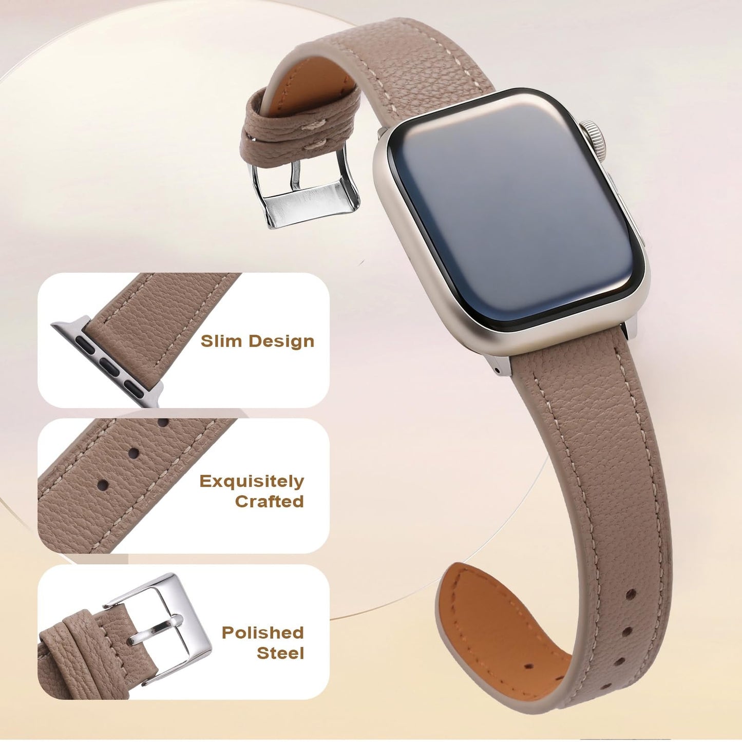 Buludona Slim Soft Women Leather Band Compatible with Apple Watch 38mm 40mm 41mm 42mm 44mm 45mm 46mm 49mm,Top Grain Thin Straps Genuine Wristband for iWatch Serise 11 10 9 8 7 6 5 4 3 2 1 Ultra SE