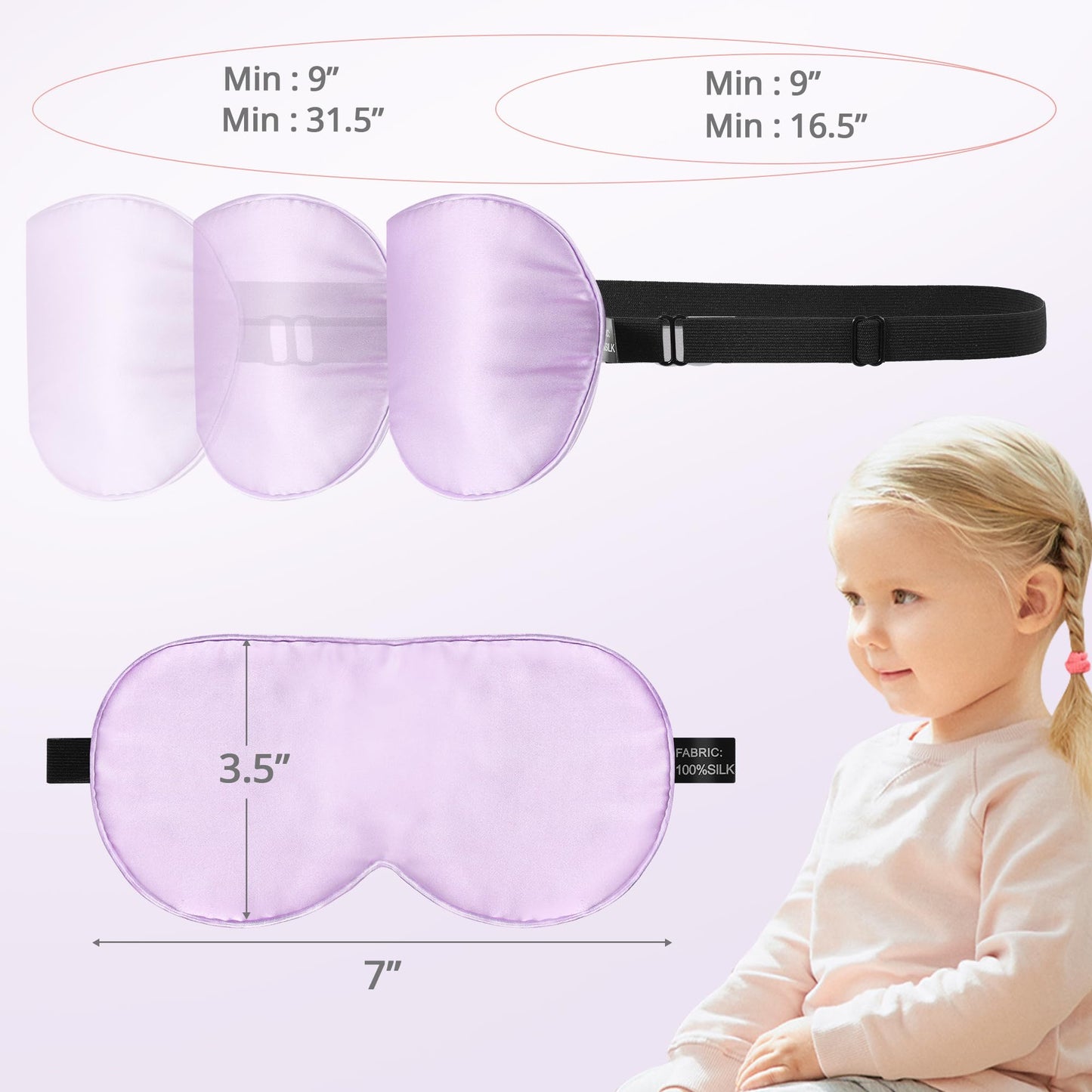 Kids Sleep Mask Eye Cover, 100% Real Natural Pure Silk Eye Mask with Adjustable Strap, Blindfold Kids Eye Mask for Sleeping, Eye Shade for Boys Girls and Adult, Pressure-Free Comfort (Black)
