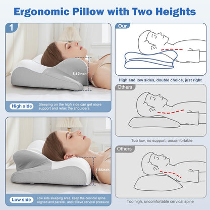 Cervical Neck Pillow for Sleeping - Cooling Ergonomic Memory Foam Pillow for Neck Pain Relief, Soft and Stretchy, Relieves Shoulder Pressure, Side Sleepers, Cooling and Breathable Ice Silk Pillowcase