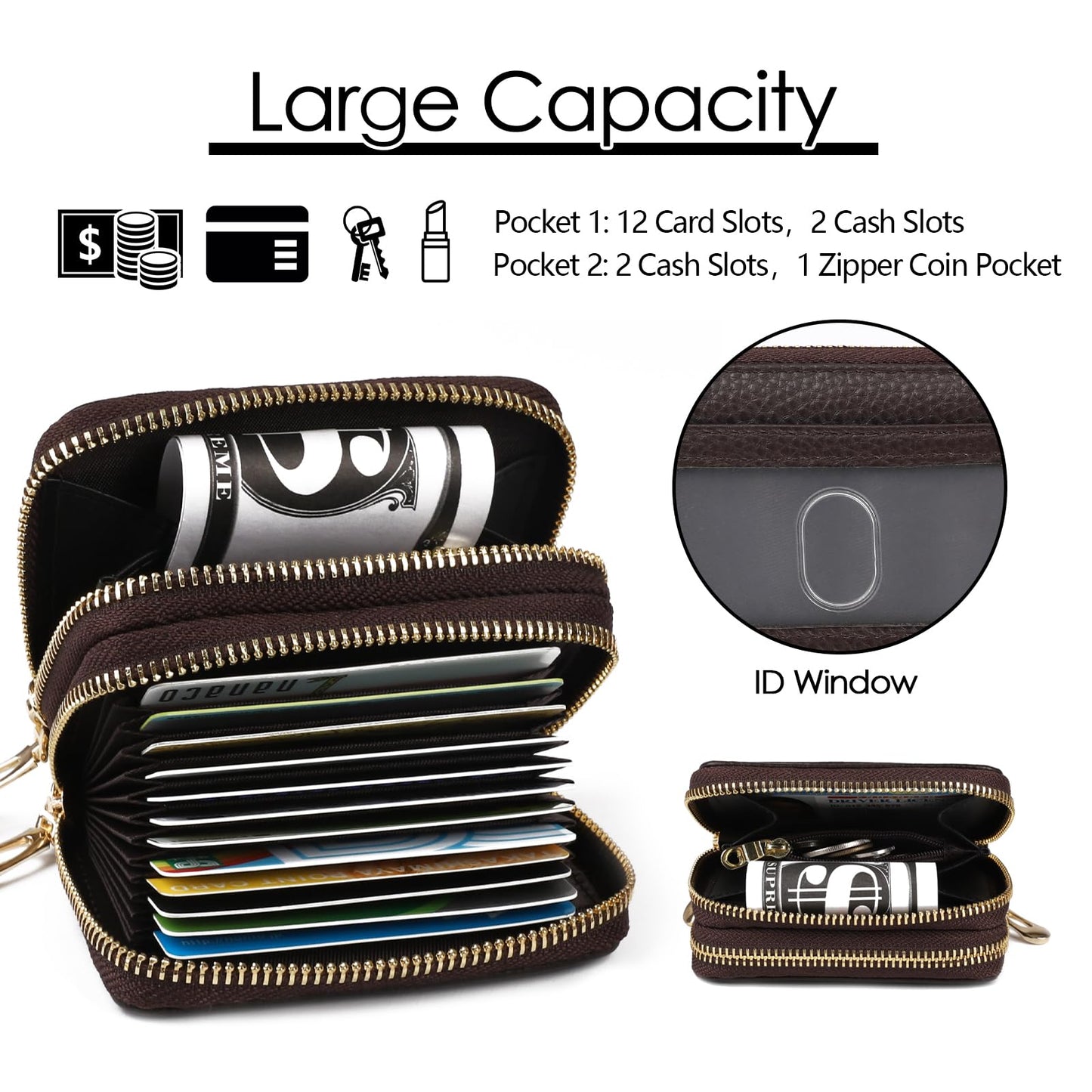 imeetu RFID Credit Card Wallet, Genuine Leather Zipper Card Case Holder with Removable Keychain(Max - Coffee)