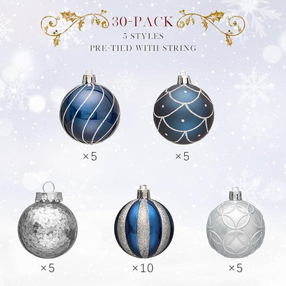 JORNOY Christmas Balls Ornaments, 30ct Shatterproof Xmas Tree Decorations, Hanging Bulbs Baubles Set with String for Holiday Home Party Decor, 2.36 inch/60mm, Navy Blue&Silver