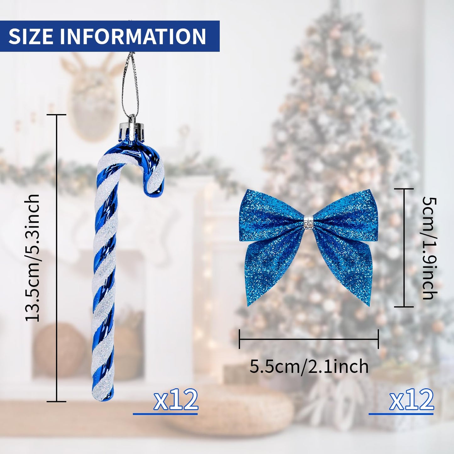 12 Pcs Candy Cane Christmas Decorations, 5.5inch Glitter Candy Cane Bows for Xmas Tree Hanging Ornament Holiday Festival Party Home Decoration (Blue)