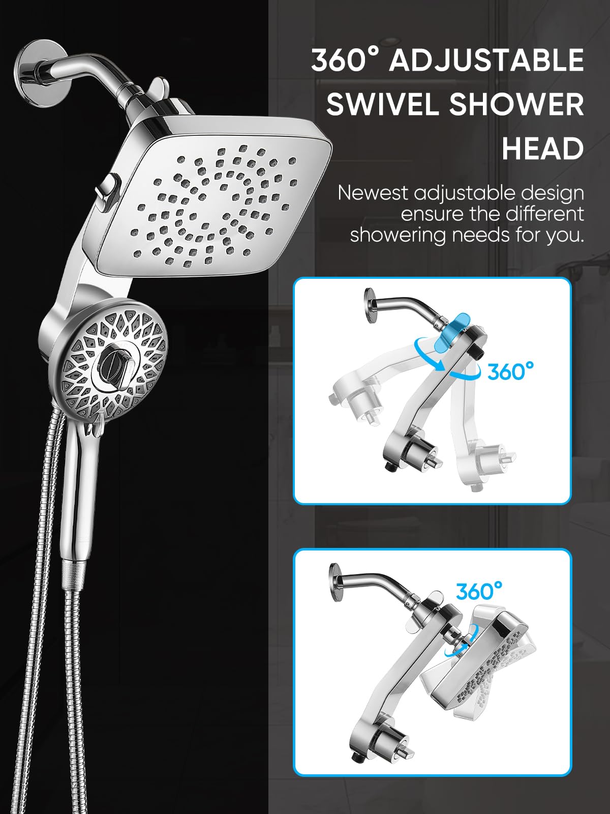 Cobbe Dual Shower Head with Magnetic Handheld, High Pressure Rain Shower Combo 2-in-1 Fixed & Detachable, Multiple Spray Modes, Built-in Magnet Dock 6ft Hose, Chrome