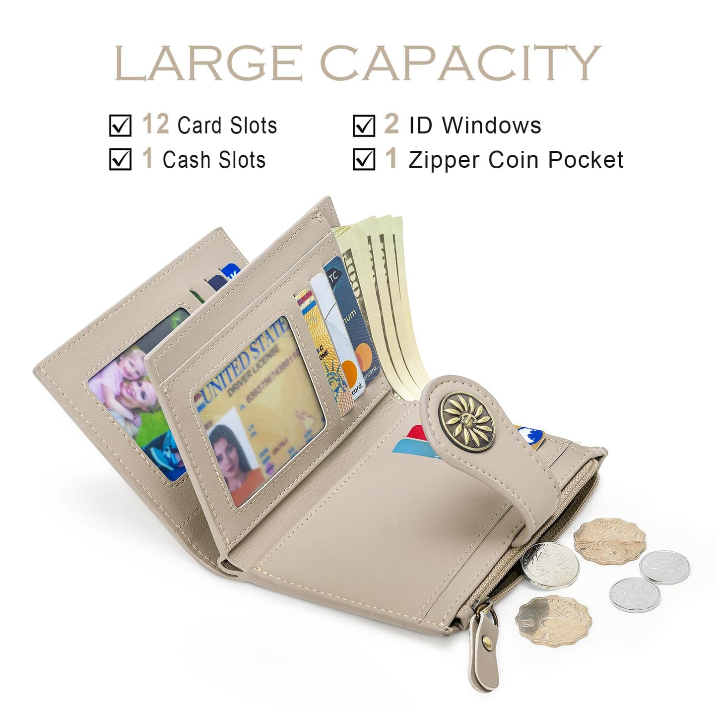 Tipmile Small Wallets Woman Leather 2 ID Windows Bifold RFID Blocking Credit Card Holder Wallet with Zipper Coin Pocket