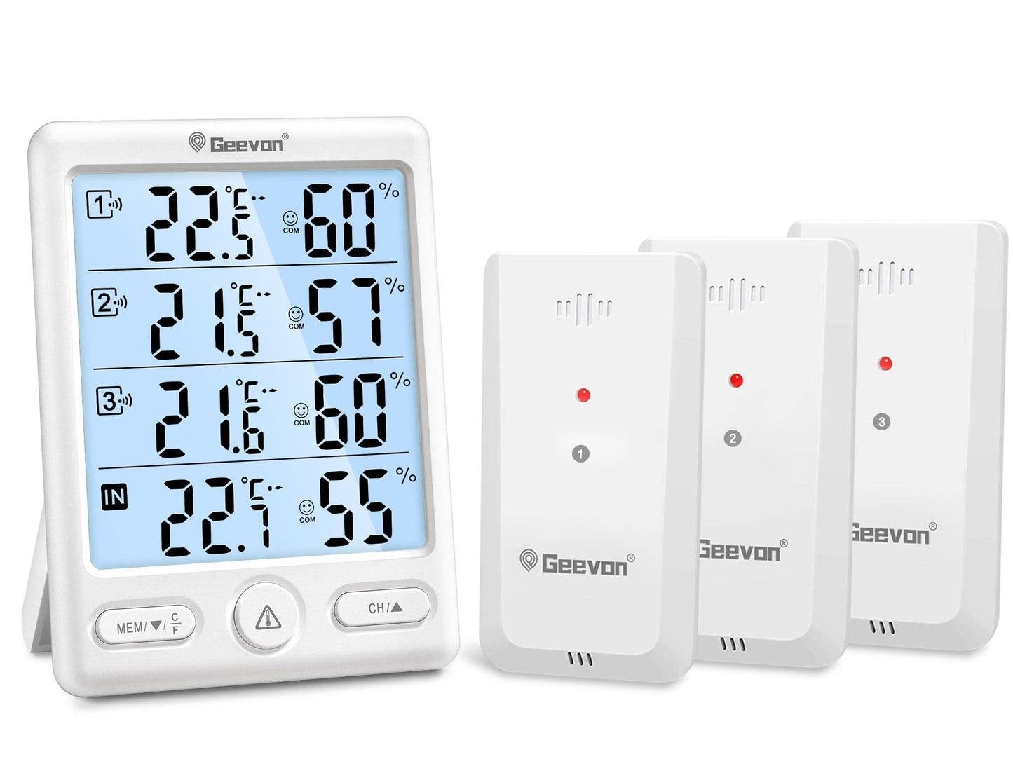 Geevon Indoor Outdoor Thermometer Wireless with 3 Remote Sensors, Digital Hygrometer Thermometer, Wireless Temperature Humidity Monitor Gauge with 200FT/60M Range (Black)