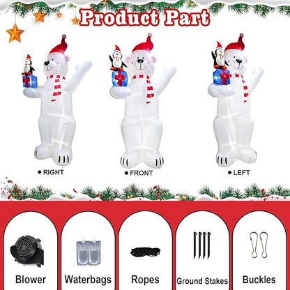 12.2FT Giant Christmas Inflatable Polar Bear & Penguin with Xmas Gift Box Decoration, Christmas Blow Up Penguin and Bear Inflatable Built-in 6 LED for Christmas Inflatables Outdoor Decoration