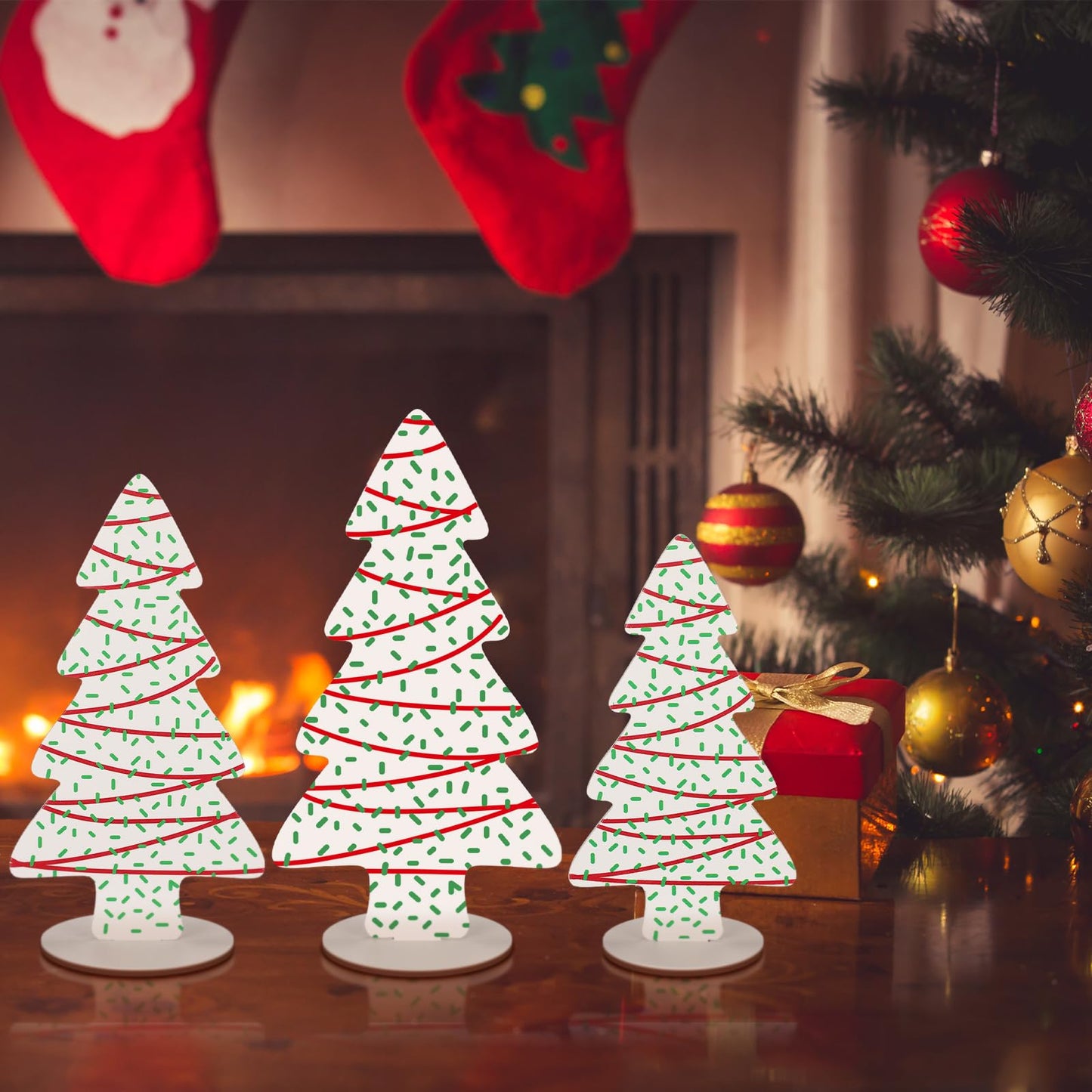 Huwena 3 Piece Wooden Christmas Tree Table Decor Rustic Farmhouse Xmas Tree Snowflake Centerpieces Tiered Tray Shelf Decorations for Home, Office, Holiday Party Decor (Simple)